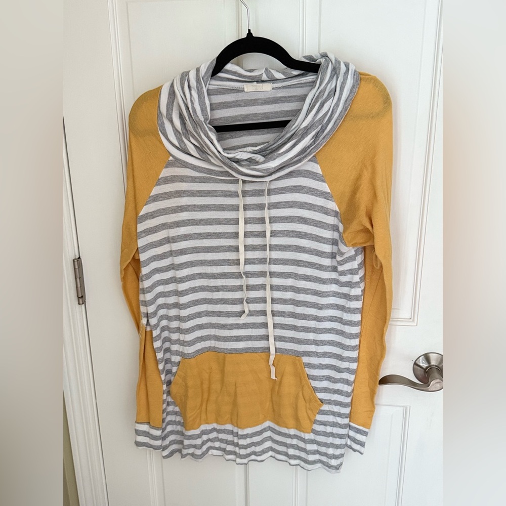 Cozy Striped Cowl Neck Sweatshirt in Gray and Yellow